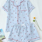 Resim İki parçalı Kadın Mavi Ekose Kiraz Baskılı Yazlık Pijama Takımı, Kısa Kollu Düğmeli Yaka ve Fiyonklu Şortlu Gömlek, Bahar ve Yaz için Rahat Ev Giysileri 