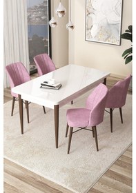 Resim Canisa Concept Arp Serisi Sabit Mutfak Masası Takımı 70x110 Beyaz Ceviz Masa 4 Pembe Sandalye Masa Beyaz/ Sandalyeler Pembe 
