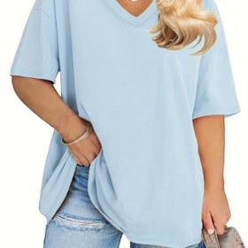 Resim Artı Boyutlu Düz Basit Yaka T-Shirt, Bahar ve Yaz için Rahat Kısa Kollu Üst, Kadınların Artı Boyutlu Giyim 