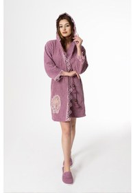 Resim Kelebek Gelin Bornoz Set 5 Parça Dantelli Fantezi Çeyizlik Takım Mor 