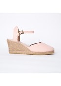 Resim Topuğu Açık Bilekten Bantlı Dolgu Topuk Pembe Keten Hasır Espadril ES1006-0427 Pembe 