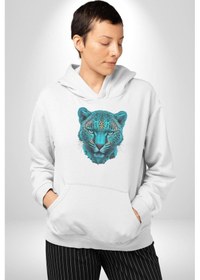 Resim Yeşil Leopar Kafası Kadın Erkek Beyaz Kapüşonlu Sweatshirt Hoodie Beyaz 