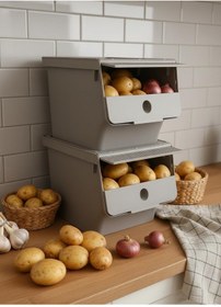 Resim Vizon 2'li 13,5 Lt Modubox Kayar Kapaklı Saklama Kabı & Patates Soğan Kovası & Erzak Kutusu Kahverengi 