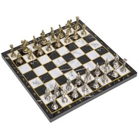 Resim Lüks Metal Satranç Takımı Krom Kaplama Roma Ordusu Figür & Klasik Mermer Desenli Siyah Tahta 20 Cm. 
