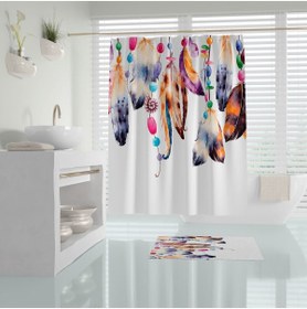 Resim Tropikhome Renkli Tüy Desen Banyo Duş Perdesi-180x200cm Duşakabin Perdesi Ve Paspası, Dream Catcher Paspas Seti 