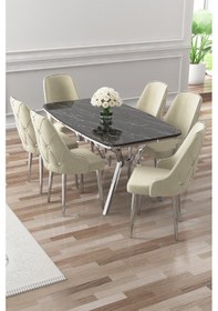 Resim Canisa Asel Serisi 90x160 Lak Panel Siyah Mermer Desen Krom Detay Masa Takımı Ve 6 Krem Sandalye Siyah Mermer Masa Sandalye Krem Krom Detay 