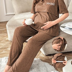 Resim Kadınların Zarif Harf Baskılı Pijama Takımı - Yumuşak Kahverengi, Uzun Kollu, Yuvarlak Yaka, Tüm Mevsimler İçin Rahatlık, Evde Rahatlamak İçin Mükemmel, Rahat Kesim Pijamalar|Zarif Pijama Takımı|Yumuşak Kumaş Pijamalar, Bayanlar Pijamaları, Bayanlar Pijama, Bayanlar Gecelik, Bayanlar Uyku Giysileri, Bayanlar 