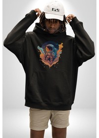 Resim Bulutlar Astronot Uzay Kadın Erkek Siyah Kapüşonlu Sweatshirt Hoodie Siyah 