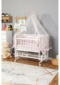 Resim Ahşap Beşik Anne Yanı Beşik Beyaz 60x120 Pembe Balina Uyku Seti Yatak Tekerlekli Beyaz 
