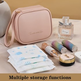 Resim Mini PU hijyenik ped saklama çantası, mini makyaj çantası, takı çantası, küçük boyut ve taşıması kolay, şık kadınlar için çok uygun, dört renk seçeneği. 