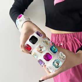 Resim 1 adet Modaya Uygun Lüks Parlayan Sekizgen Dekoratif Akrilik Açık Bilezik, Renkli Taş Kombinasyonu ile Çok Yönlü El Aksesuarı, Günlük Parti Müzik Festivali Giyim ve Tatil Hediyesi için Uygun 