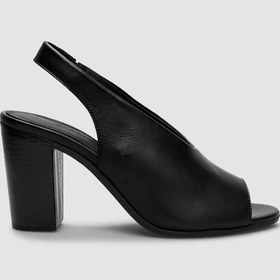 Resim %100 Hakiki Deri Siyah Arkadan Lastikli Kadın Topuklu Sandalet-siyah Siyah 