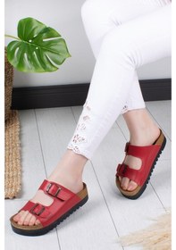 Resim Khayt Maria Anatomik Ortopedik Çift Tokalı Günlük Kadın Terlik-Kırmızı 