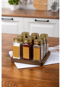 Resim 9'lu Ahşap Standlı Cam Baharatlık Seti Gold Kapaklı Etiketli Baharatlık Mh01gld09 Gold - Şeffaf 