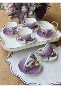 Resim Türk Kahve Fincanı Orkide Çiçekli Yaldızlı 6 Kişilik 12 Parça Renkli 