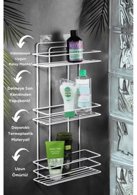 Resim 3 Katlı Beyaz Yapışkanlı Banyo Rafı, Şampuanlık Duş Düzenleyici, Paslanmaz Metal Banyo Duvar Askısı - TŞ-03 