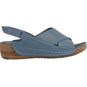 Resim Hakiki Deri Çapraz Bantlı Arkadan Ayarlı Rahat Taban Dolgu Topuk Kadın Sandalet Napa-311 Mavi 