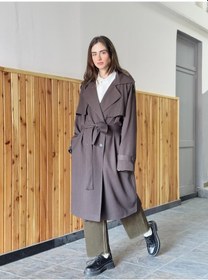 Resim Retrobird Tasarım İngiliz Pelerin Model Trenchcoat Ceket Kadın Koyu Kahverengi-13865 Koyu Kahve 