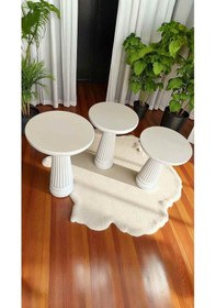 Resim El Yapımı 3 Lü Beyaz Ahşap Mantar Sehpa Takımı Dekoratif Yan Sehpa Seti Beyaz 