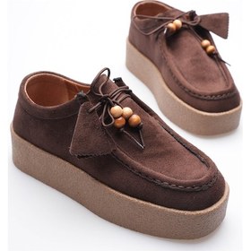 Resim Kadın Süet Loafer Ayakkabı Bağcık Boncuk Detaylı Kahve Kavera Kahverengi 