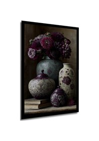 Resim Bordo Çiçek Desenli Vazo Ve Kavanoz Ahşap Ev,antre,ofis,mutfak,Yatak Odası Tablo Çerçeve Görünümlü--- 30 X 40 