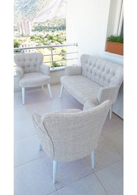 Resim Azra Mobilya Çay Seti Koltuk Takımı - Keten Kumaş - Beyaz Ahşap Ayak - Gürgen Iskelet - Krem Krem 