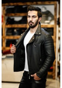 Resim Oliggopol Erkek Siyah Çapraz Fermuar Deri Ceket Kuzey Model Siyah 