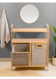 Resim Bambu 2 Bölmeli Kirli Çamaşır Sepeti 2 Raflı Banyo Düzenleyici Dolap Banyo Dolabı Bambu 