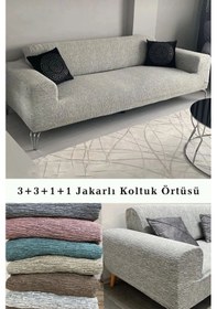 Resim StartMall Jakarlı Çubuk Desen Koltuk Örtüsü 3+3+1+1 Takımı Lastikli Esnek Yıkanabilir Çekyat Kanepe Kılıfı Taş Gri 
