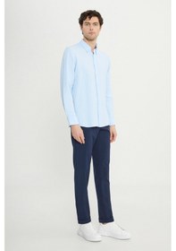 Resim AC&Co / Altınyıldız Classics Erkek Mavı Slim Fit Dar Kesim Düğmeli Yaka Armürlü Gofre Desenli Gömlek Mavi 