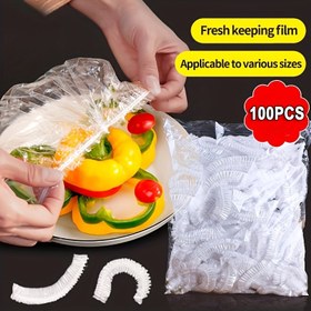 Resim 100 adet Elastik Gıda Saklama Kapakları, Buzdolabı için Şeffaf Plastik Kase Kapakları, Toz Geçirmez ve Koku Karşıtı, Çeşitli Boyutlarda Tabaklar için Uzanabilir Tasarım, Mutfak ve Restoran Kullanımı için İdeal, Gıda Saklama Kapakları 