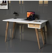 Resim Emkawood Emkawood Tina Masif Ayaklı Çekmeceli Safir Çalışma Masası Beyaz - Meşe 