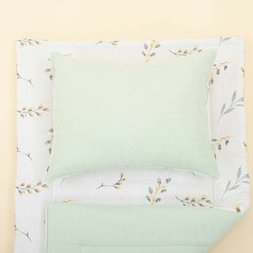 Resim Alt Açma Matı ve Yastık - Çift Taraflı - Mint Muslin - Yapraklar 