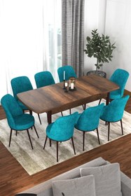 Resim Canisa Concept Via Serisi 80x132 Açılabilir Mutfak Masası Takımı Barok Desen Masa 8 Turkuaz Sandalye 