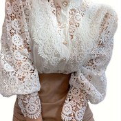 Resim Kadınların Vintage Viktorianlıkları İle Düğmeli Dantelli Uzun Kollu Gömlek, Standı Yaka Dantelli Detaylı, Esnek Olmayan Polyester, Düz Renkli Kontrast Dantelli Detaylar, Kolej Gece Bahar / Yaz Üstü 