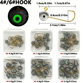 Resim 11 adet Per Kutu Işıltı Veren 3D Balık Gözü Yaprak saç tokası ile Kurşun Başlıklar, Boyutlar 4#/6# Ağırlığı 0.9G-6.3G, Altın Uzun Şaft saç tokası ile, Bass Balığı için Yumuşak Yemlerle Balıkçılık için Uygun. 