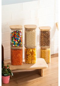 Resim Porsima 6-3 Bambu Vakumlu Kapaklı Kare Borsilikat Cam 6lı Kavanoz Seti Saklama Kabı 1250ml 9,5x15cm Ahşap - Şeffaf 
