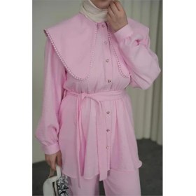 Resim Neşeli Butik Kadın Pembe Geniş Kesim Yaka Detaylı Kuşaklı Ikili Tesettür Takım NBVQ3148 