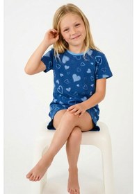 Resim Breeze Kız Çocuk Şortlu Pijama Takımı Kalp Desenli 4-8 Yaş, İndigo 