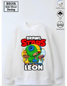 Resim Belyakidswear Tam Kalıp Oversize Erkek Çocuk Pamuğa Pamuk 3 İplik Kumaş Star1 Tasarım Sweatshirt Beyaz 