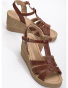 Resim Kadın Dolgu Topuk Sandalet Ayakkabı Taba 3 Bantlı Baretli-3937 Taba 