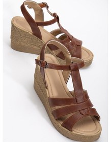 Resim Kadın Dolgu Topuk Sandalet Ayakkabı Taba 3 Bantlı Baretli-3937 Taba 