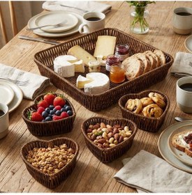 Resim Zmc Bilişim 5 Parça,4 Kalp Formlu Plastik Rattan Sunum Ve Kahvaltı Seti-bölmeli Çerezlik Ve Meyvelik-doğal Hasır Görünümlü Tepsi Ve Sunum Tabakları Çok Renkli 