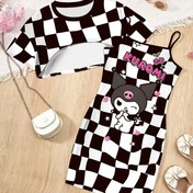 Resim Sanrio için for kuromi 2D Baskı İki Parça Set Kızlar için - Sevimli Karikatür Karakter Yuvarlak Yaka Üst & Spagetti Askılı Etek, Siyah ve Beyaz Kareli Tasarım, Eğlenceli Hayvan Resimleri, Sanrio Giysiler, Outdoor için 