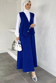 Resim Bel Lastikli Etek Gömlek Taşlı Yelek Tesettür Üçlü Takım Saksmavisi TZL-P-00020926 