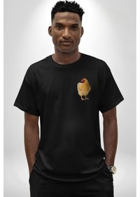 Resim Tavuk Siyah Oversize Unisex Ön Sol Yan Minimal Baskılı Tişört Koyu Siyah 