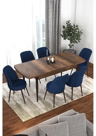 Resim Canisa Kor Serisi Barok Ahşap Desen Açılabilir 70x114 Yemek Masası Takımı, 6 Lacivert Sandalye Masa Barok Sandalyeler Lacivert 