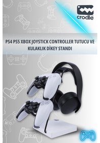 Resim Beyaz Ahşap Ve Siyah Metal Gaming Ps4 Ps5 Xbox Joystick Kontroller Tutucu Ve Kulaklık Dikey Standı 