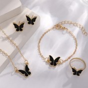 Resim Avrupa ve Amerikan Takı Seti Moda Kişilik Damlalı Yağ Kelebek Kolye Küpe Yüzük Bilezik Dört Parça Set 