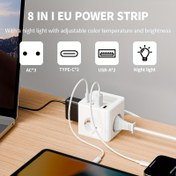 Resim Ev, Ofis ve Seyahat için Uygun, Beyaz ve Siyah Renklerde Ayarlanabilir Gece Işığı Parlaklığı ile 3 AC Çıkışlı & 2 USB Portlu & 2 Tip-C & 3 Renkli Gece Işıklı 8'i 1 Arada Avuç Cihazı 